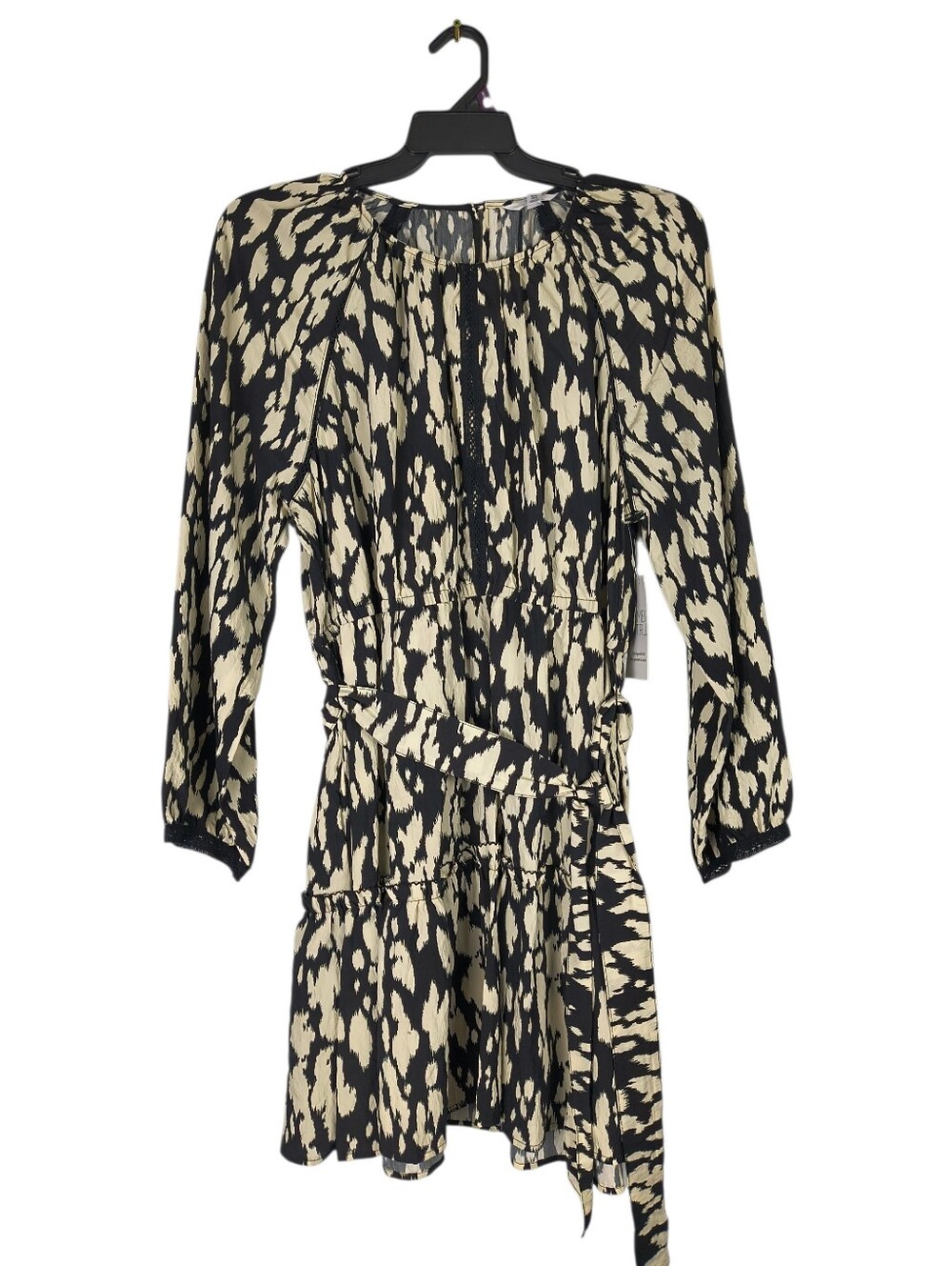 Time & Tru Mini Dress Women's XXL 20 Black Cream Printed Long Sleeve Tie Waist